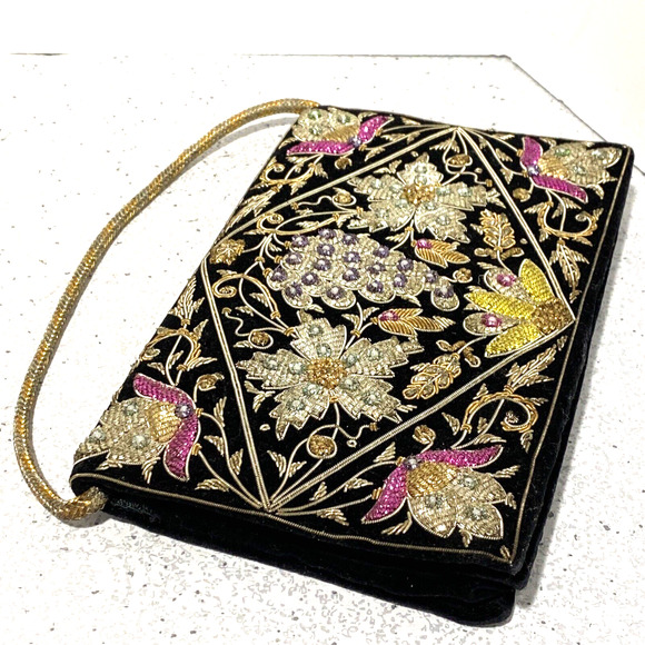 Vintage mid century black velvet evening bag top handle gold silver pink yellow - Picture 3 of 10